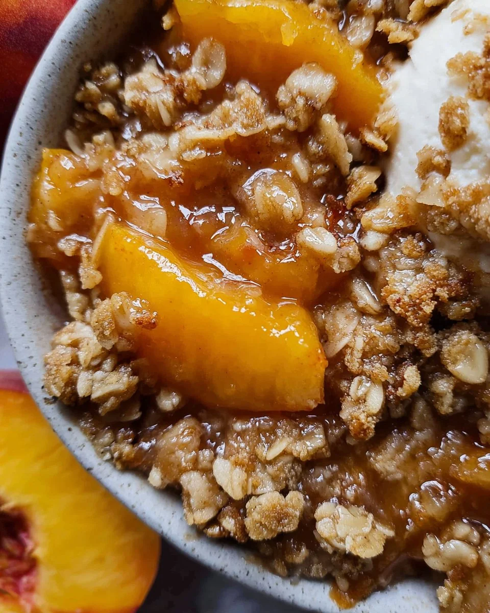 Homemade Peach Crisp topped with golden oat crumble.