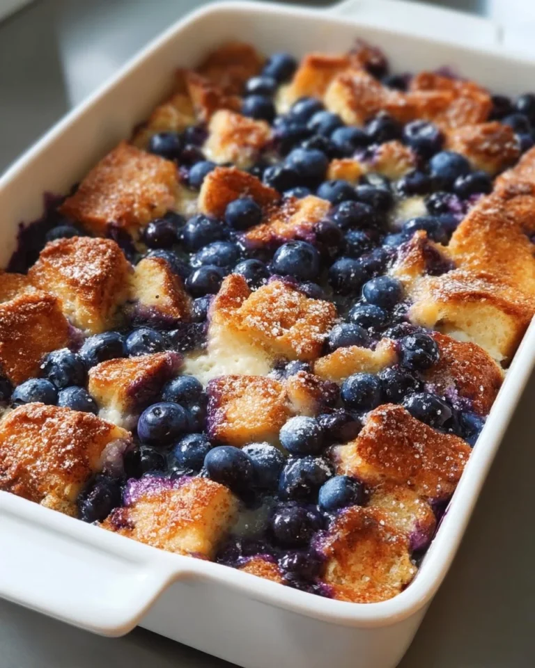 Quick blueberry French toast casserole served with syrup and fresh blueberries.