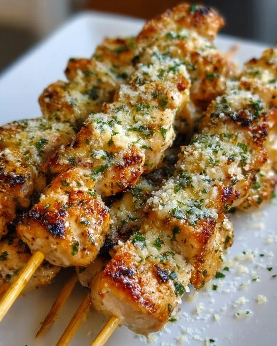 Ranch Garlic Parmesan Chicken Skewers grilled to perfection with herbs