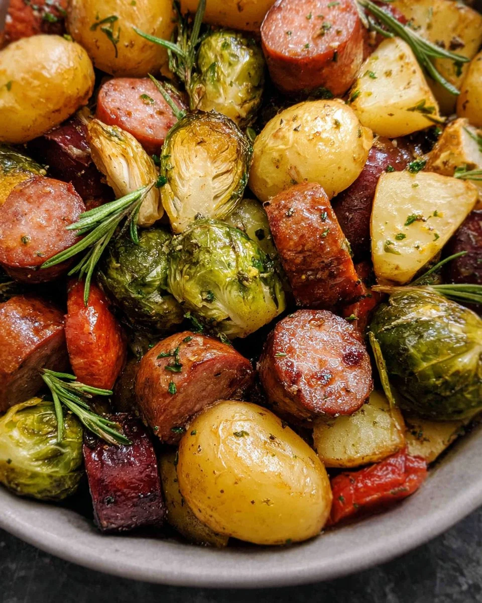 Sheet Pan filled with Sausage and colorful Veggies for a healthy meal