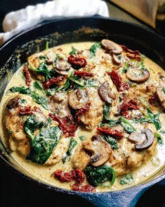 Skillet Creamy Chicken Mushroom Florentine dish with vibrant spinach and mushrooms