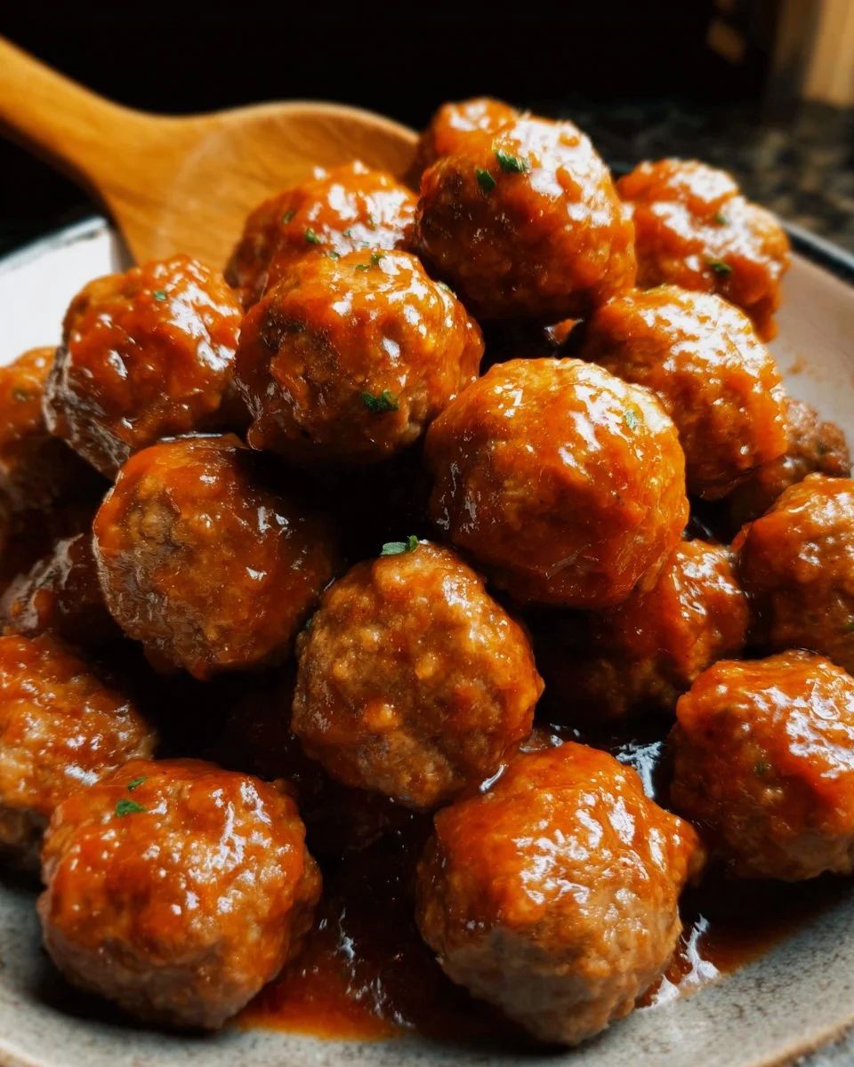Slow cooker bourbon meatballs in a savory sauce served in a bowl