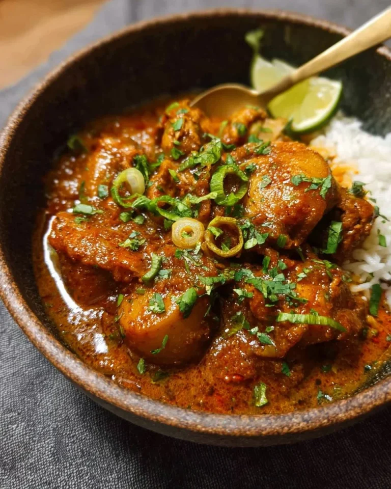 Bowl of slow cooker chicken curry with rice and herbs