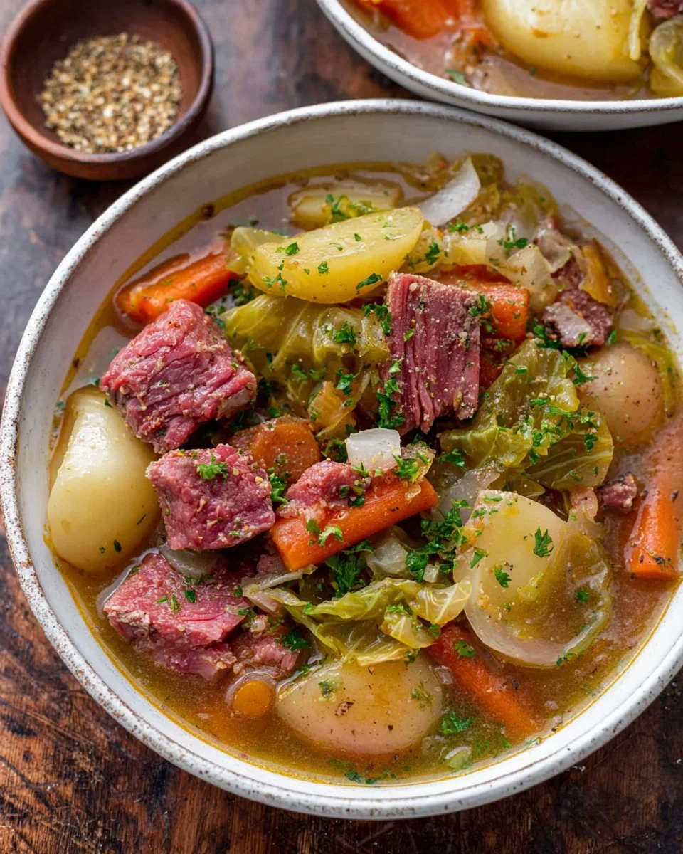 Delicious slow cooker corned beef and cabbage stew served in a bowl