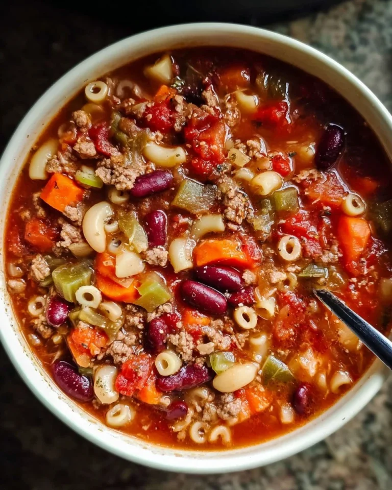 Bowl of slow cooker pasta and bean soup garnished with herbs