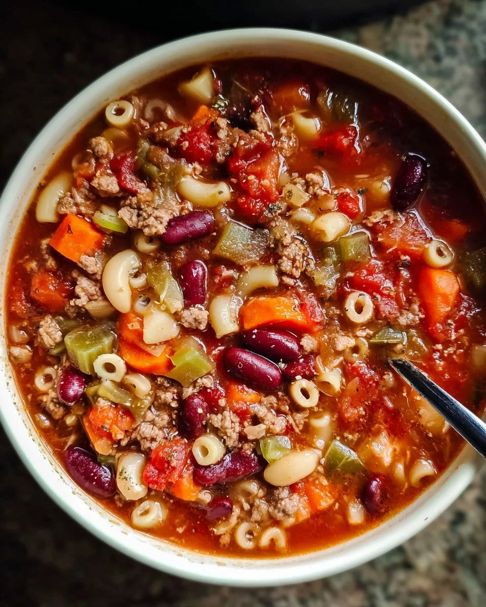 Bowl of slow cooker pasta and bean soup garnished with herbs