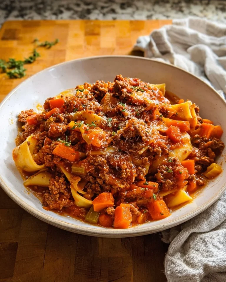 A delicious bowl of slow cooker ragu topped with fresh herbs.
