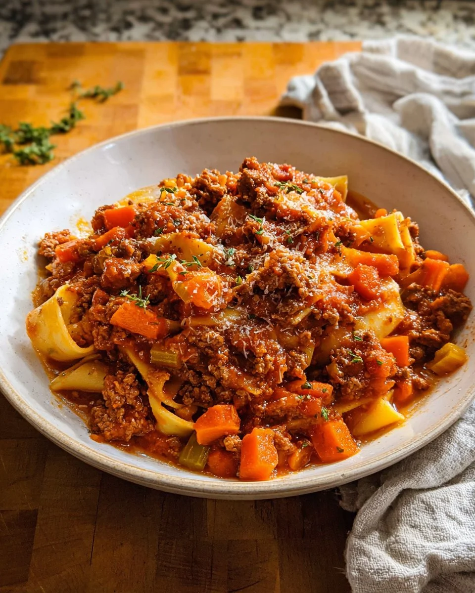 A delicious bowl of slow cooker ragu topped with fresh herbs.