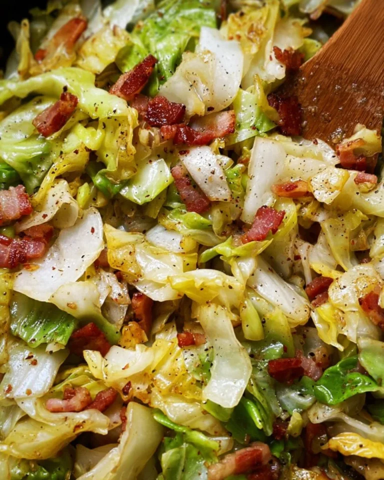 Plate of Southern fried cabbage garnished with bacon and onions