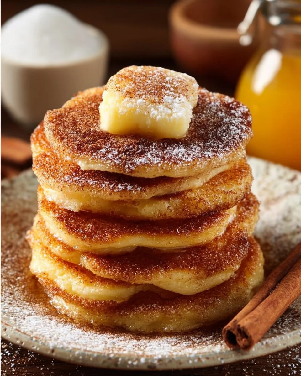Delicious Spanish churro-inspired pancakes topped with cinnamon sugar and chocolate sauce.