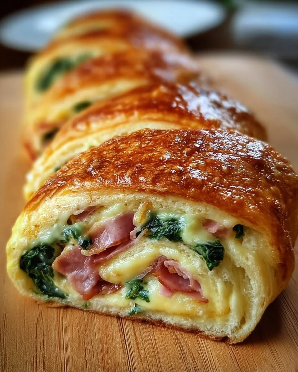 Spinach ham breakfast rolls on a plate, perfect for a hearty breakfast.