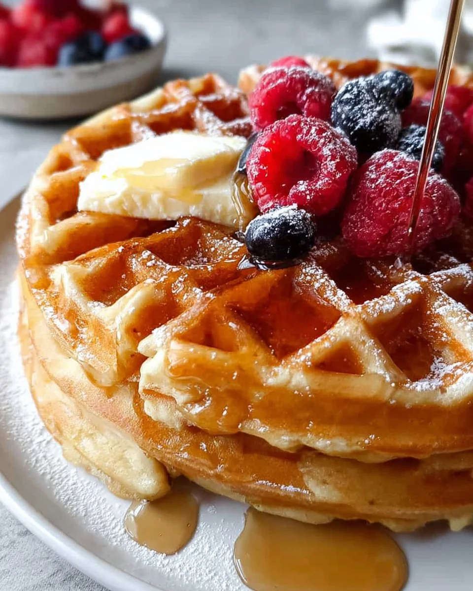Golden and fluffy buttermilk waffles stacked on a plate