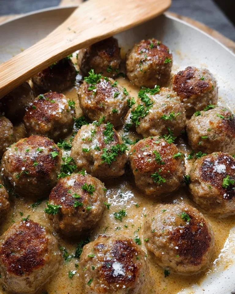 A plate of delicious Swedish meatballs topped with creamy gravy and served with lingonberries.