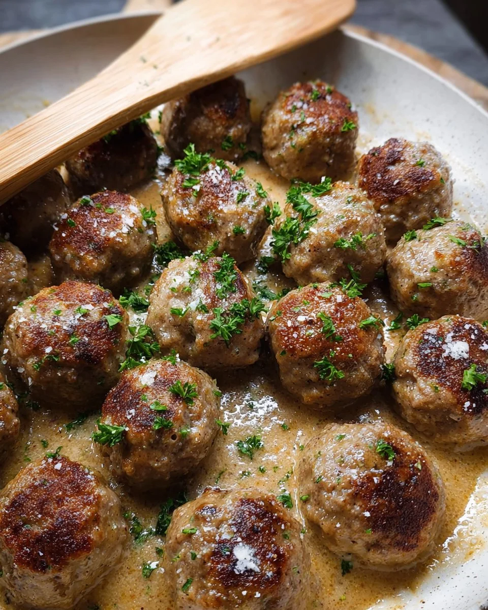 A plate of delicious Swedish meatballs topped with creamy gravy and served with lingonberries.