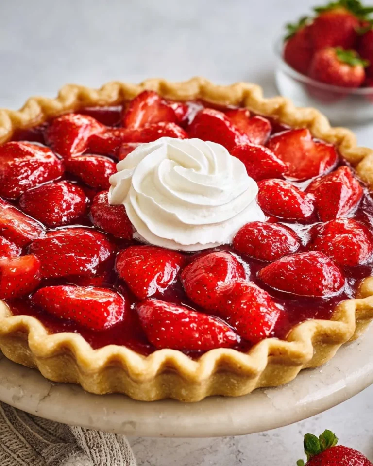 Easiest fresh strawberry pie topped with whipped cream and fresh strawberries.