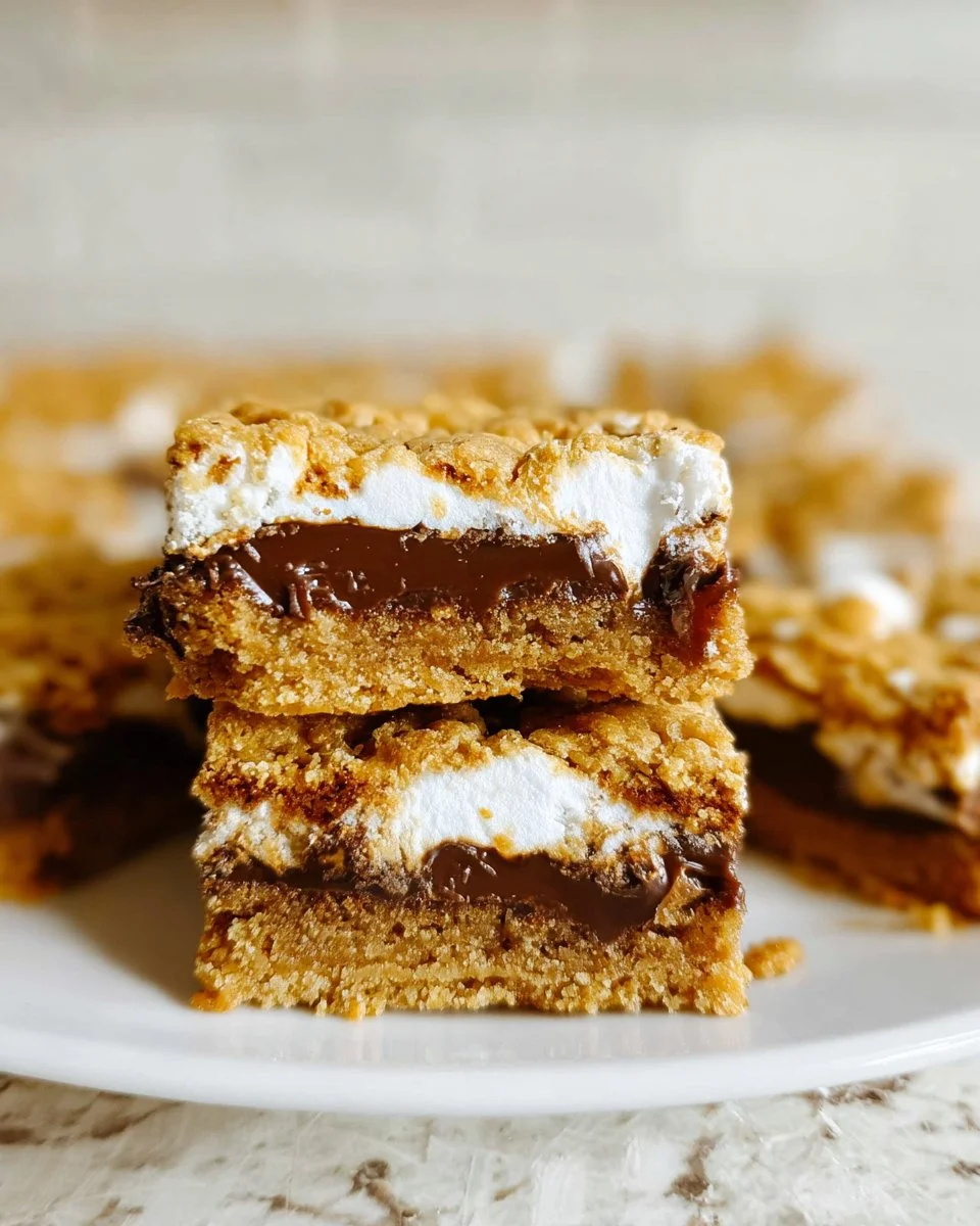 Delicious ooey gooey s'mores bars topped with chocolate and marshmallows.