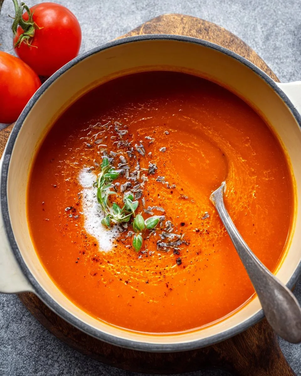 Bowl of creamy tomato soup topped with fresh basil and a slice of bread