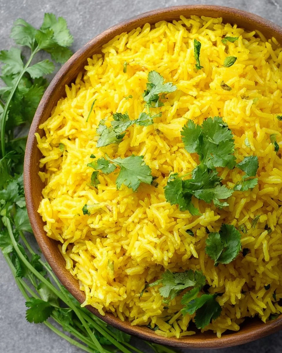 Bowl of delicious yellow rice garnished with herbs and spices