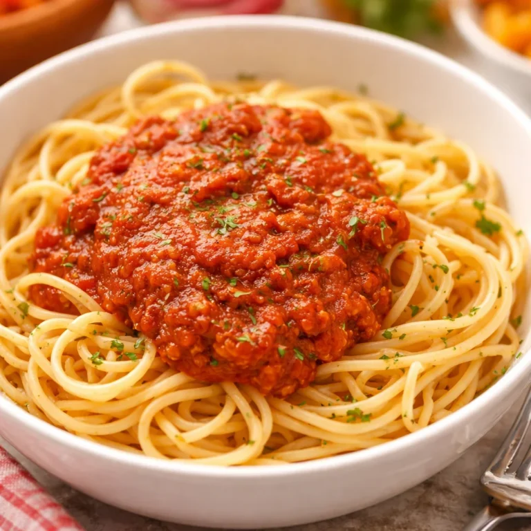 Crockpot Spaghetti Sauce simmering with ground beef and tomatoes in a slow cooker.