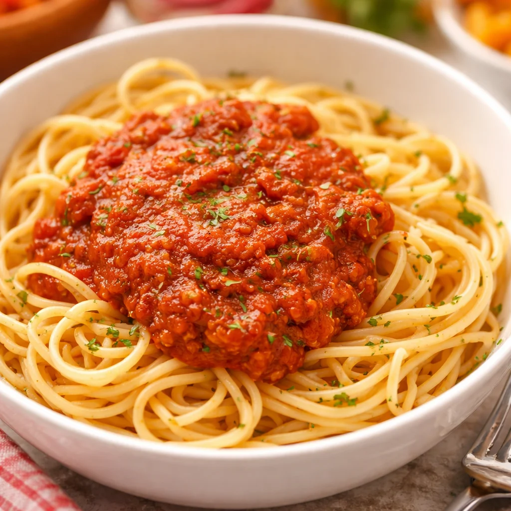 Crockpot Spaghetti Sauce simmering with ground beef and tomatoes in a slow cooker.