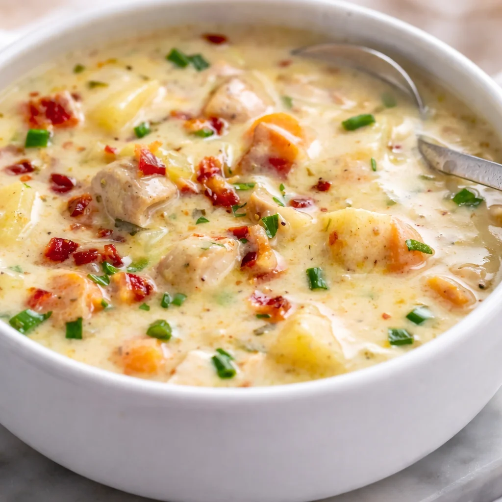 Bowl of creamy Chicken Potato Soup with potatoes and chicken garnished with herbs.