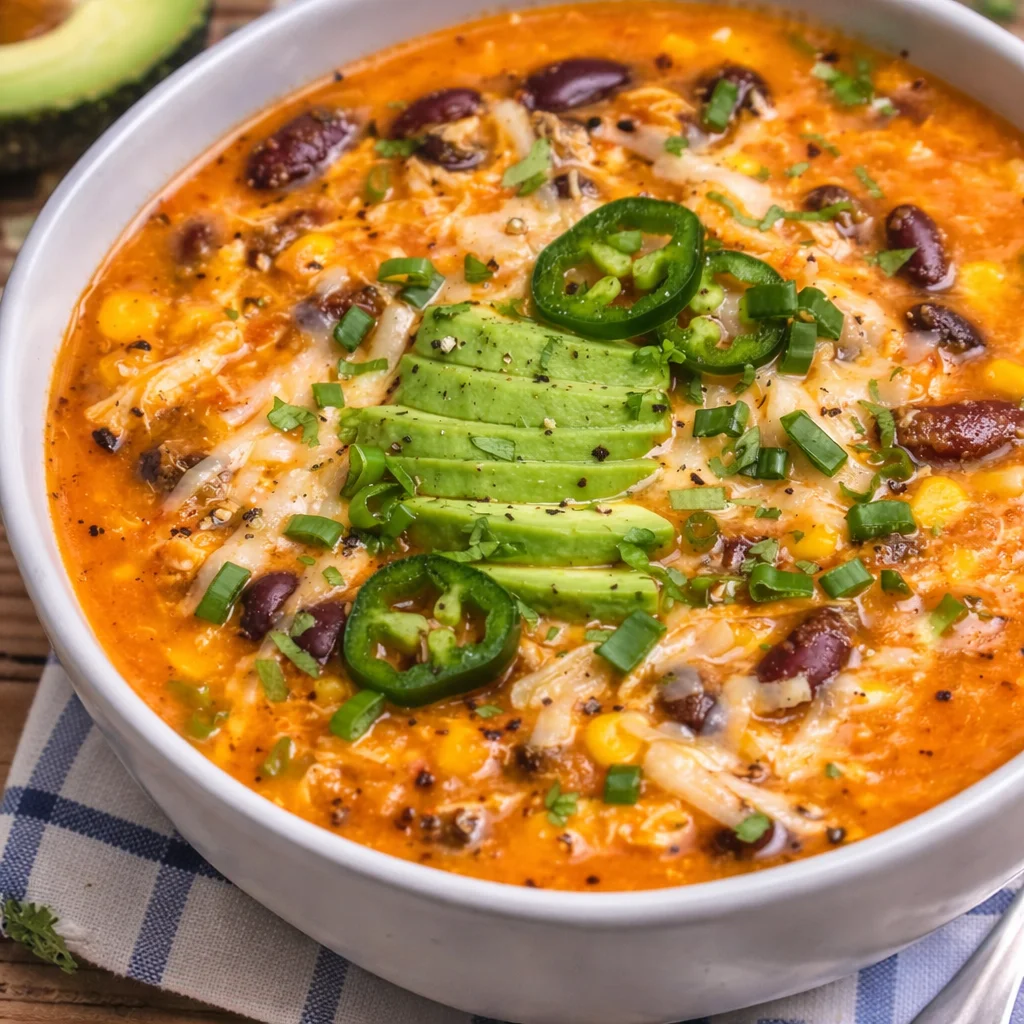 A bowl of creamy chicken enchilada soup topped with cilantro and cheese.