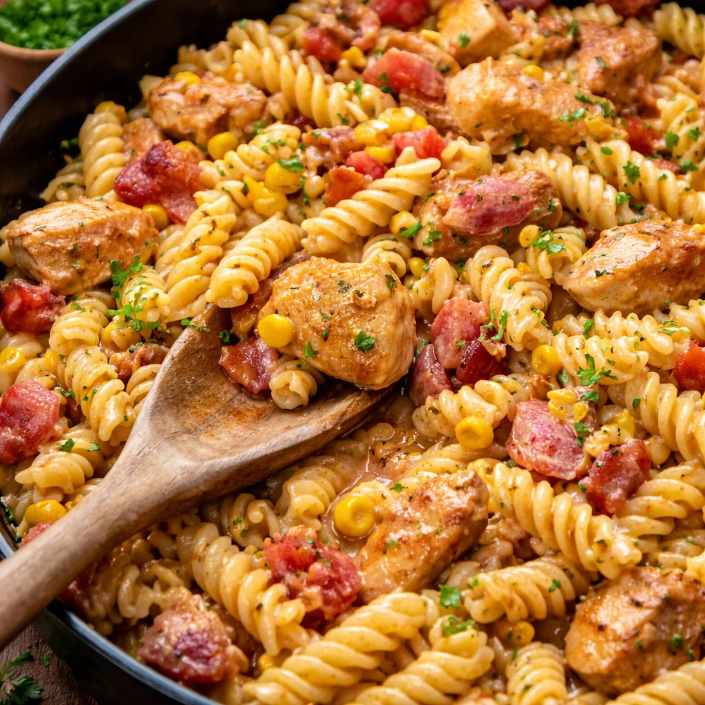 Creamy Chicken Pasta with Corn and Bacon dish garnished and ready to serve.