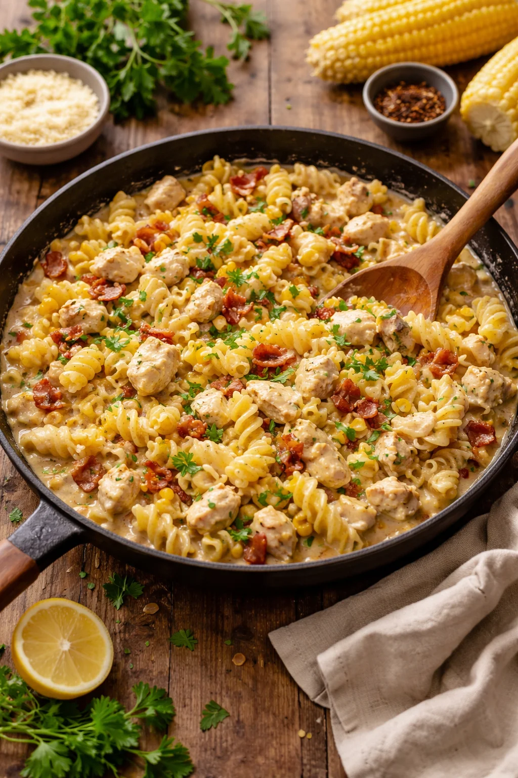 Creamy Chicken Pasta with Corn and Bacon