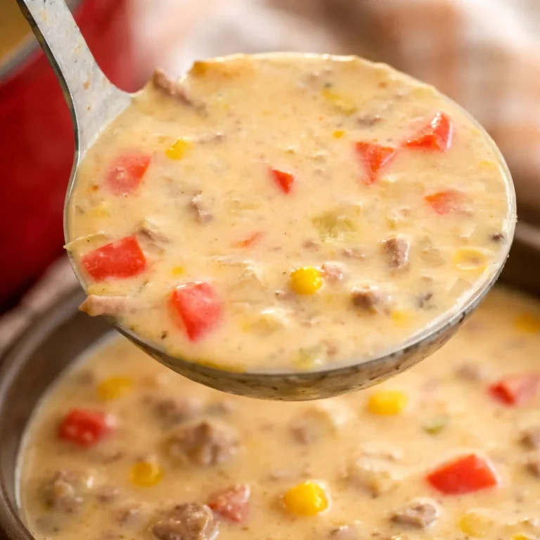 A bowl of creamy cowboy soup with ground beef and mixed vegetables