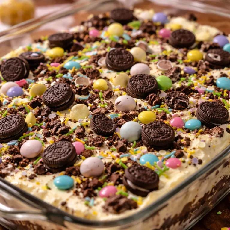 Easter Dirt Cake Casserole with chocolate pudding, Oreos, and festive candy toppings