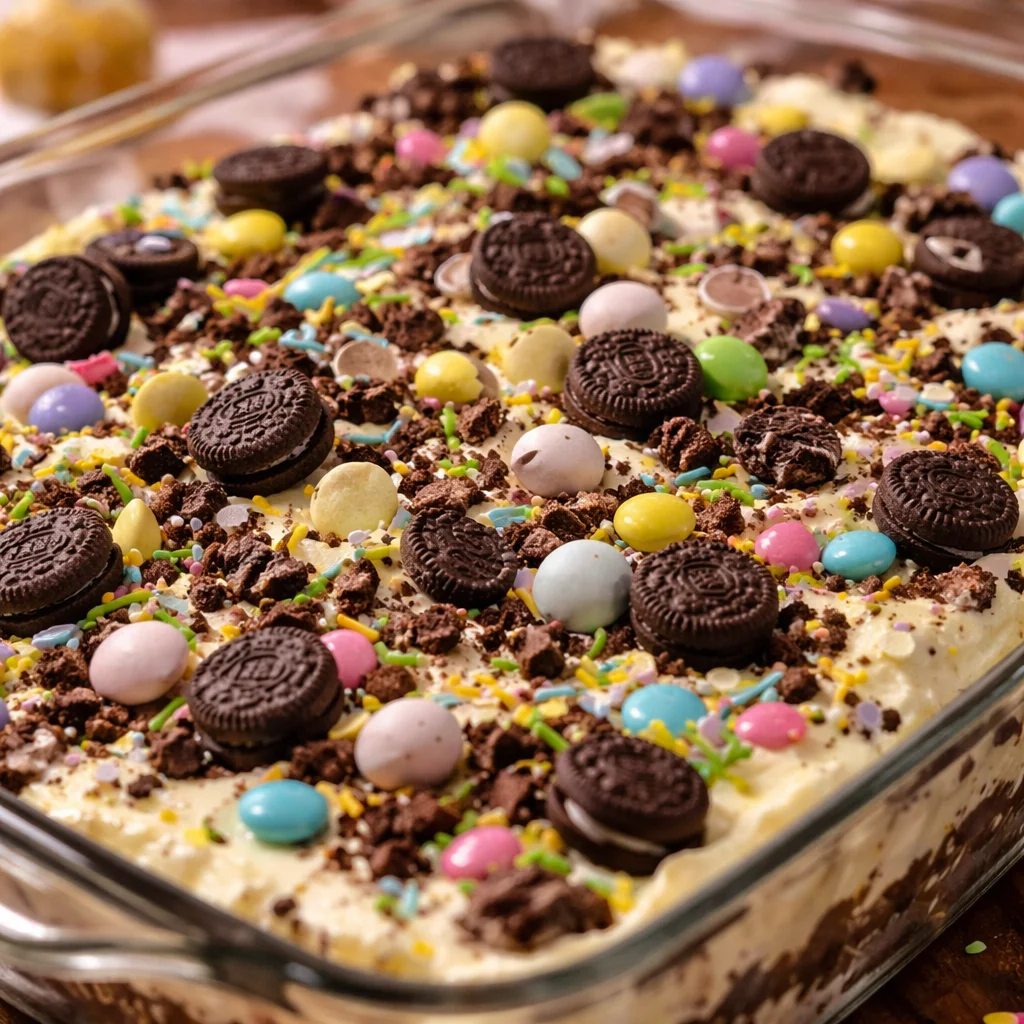 Easter Dirt Cake Casserole with chocolate pudding, Oreos, and festive candy toppings