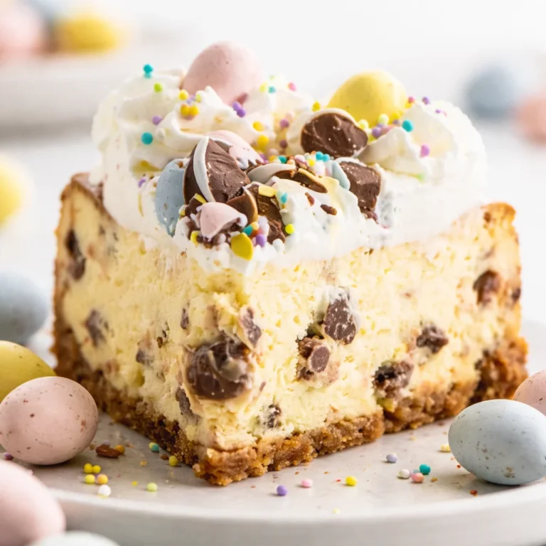 Easter Egg Cheesecake with chocolate crust and mini eggs decoration