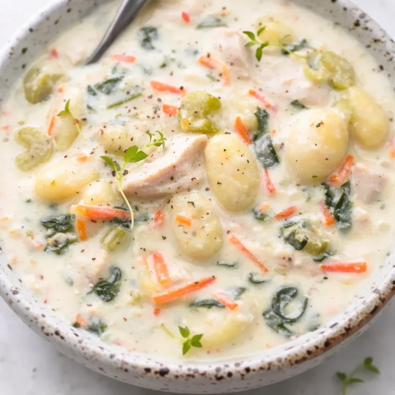 Bowl of Easy Rotisserie Chicken Gnocchi Soup topped with fresh herbs and vegetables.