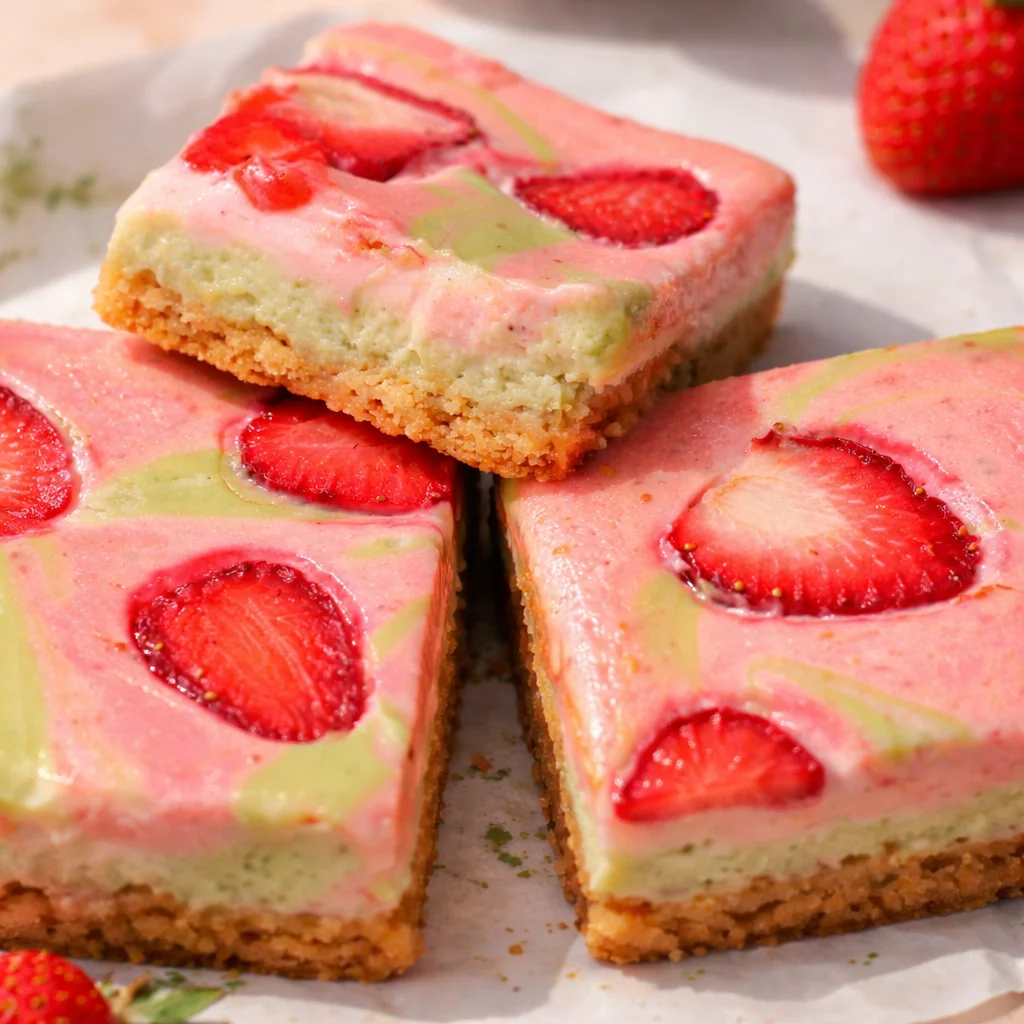 Delicious Matcha strawberry cream bars with a strawberry cream topping on a shortbread base.