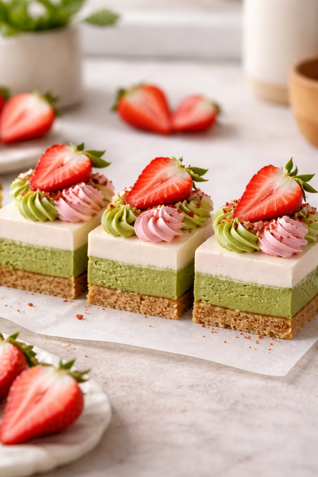Matcha strawberry cream bars
