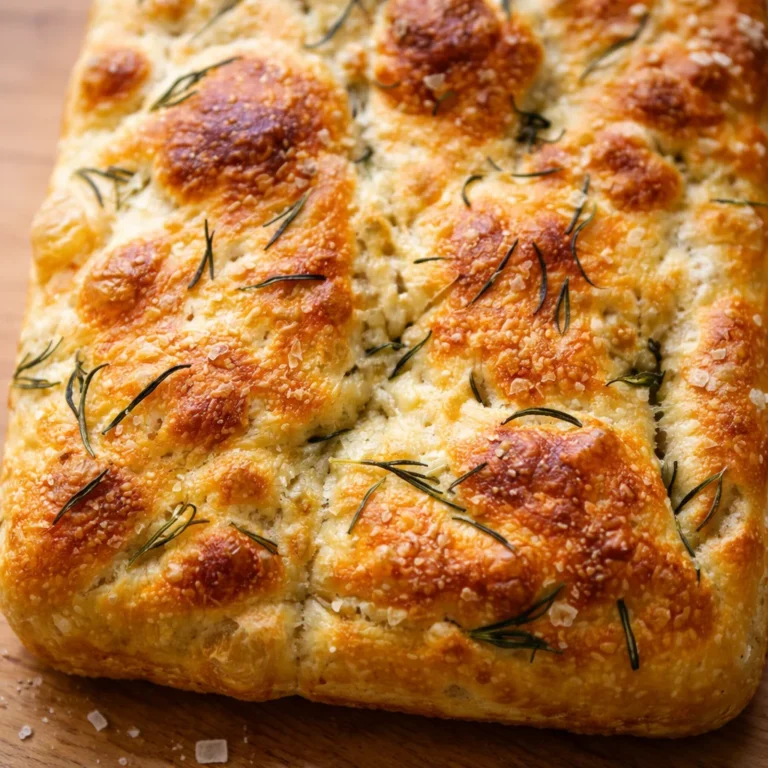 Fluffy and crispy Overnight Focaccia bread with golden edges and fresh herbs.