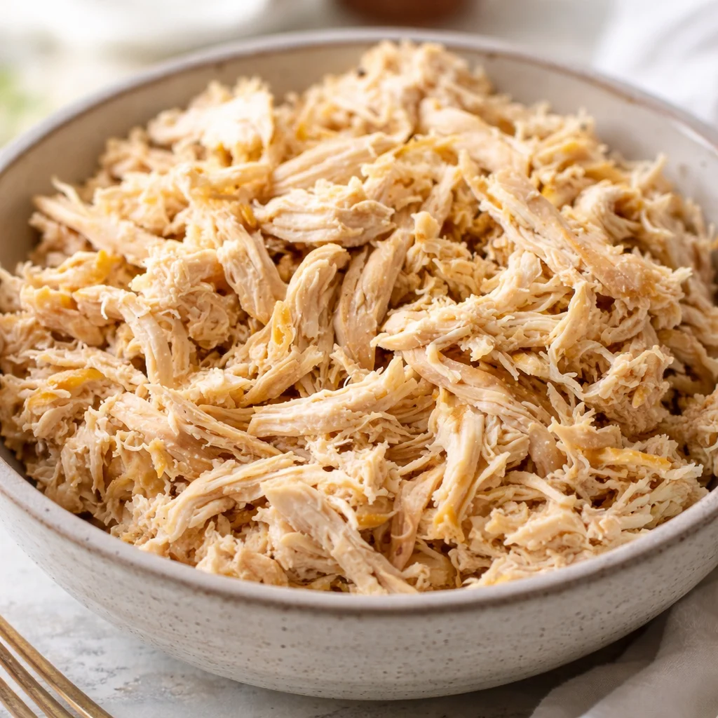 Delicious shredded chicken ready for tacos or salads, quick and easy recipe.