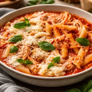 Bowl of Slow Cooker Chicken Parm Soup Delight garnished with fresh herbs.
