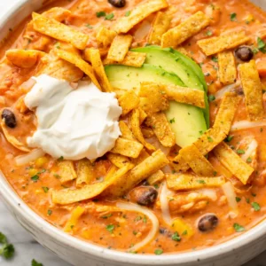 Velvety Chicken Tortilla Soup served in a bowl, garnished with fresh herbs.