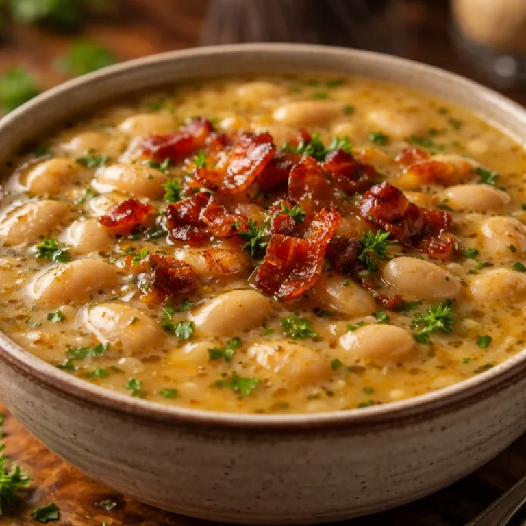 Creamy Bacon and White Bean Soup with vegetables in a bowl, perfect for winter meals.