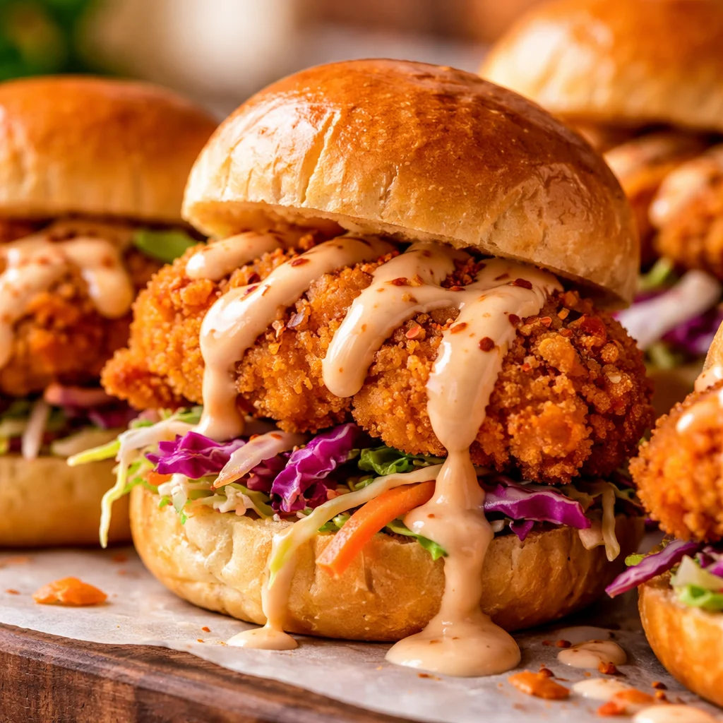 Delicious Bang Bang Chicken Sliders with crispy chicken and spicy sauce