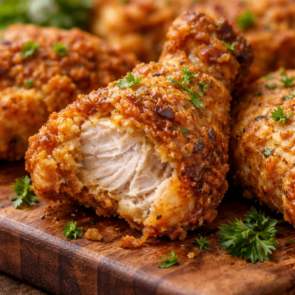 Buttermilk Ranch Oven Fried Chicken with crispy coating served on a plate