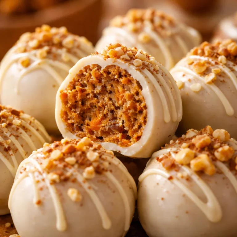Delicious Carrot Cake Truffles with creamy frosting and white chocolate coating.