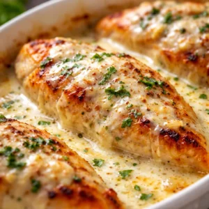 Creamy Baked Chicken Breasts with sun-dried tomatoes and spinach in a creamy sauce.