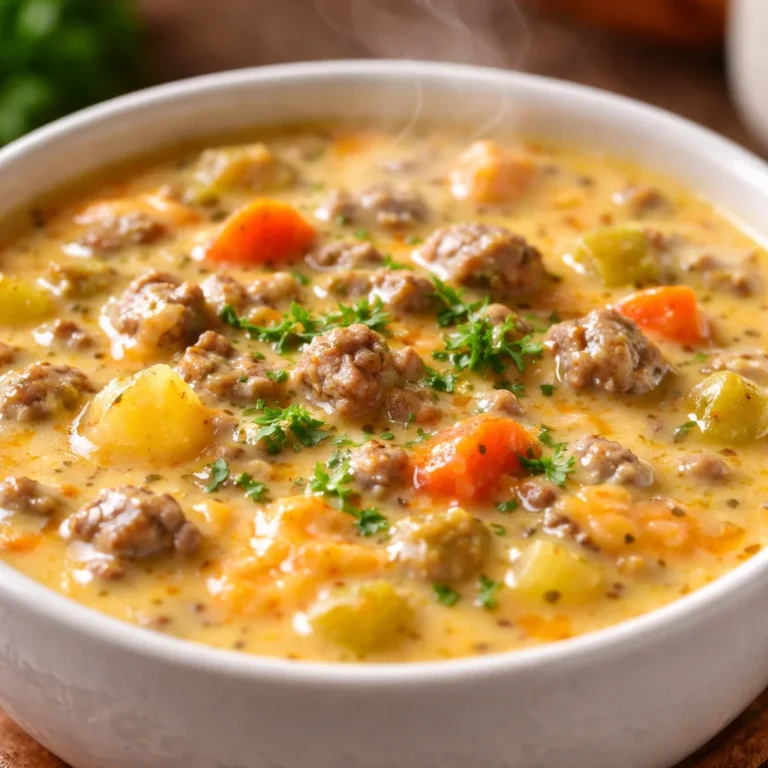 Creamy Crock Pot Cheeseburger Soup with ground beef, potatoes, and vegetables.