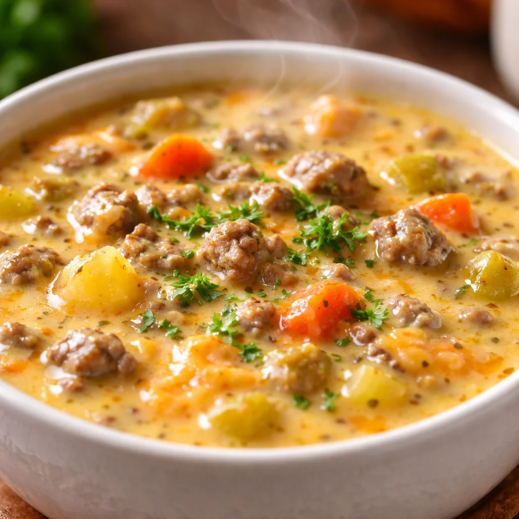 Creamy Crock Pot Cheeseburger Soup with ground beef, potatoes, and vegetables.