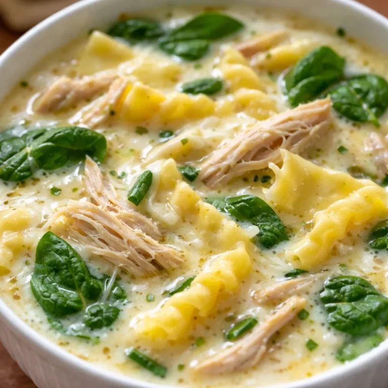Bowl of creamy Crock Pot White Lasagna Soup with chicken and pasta