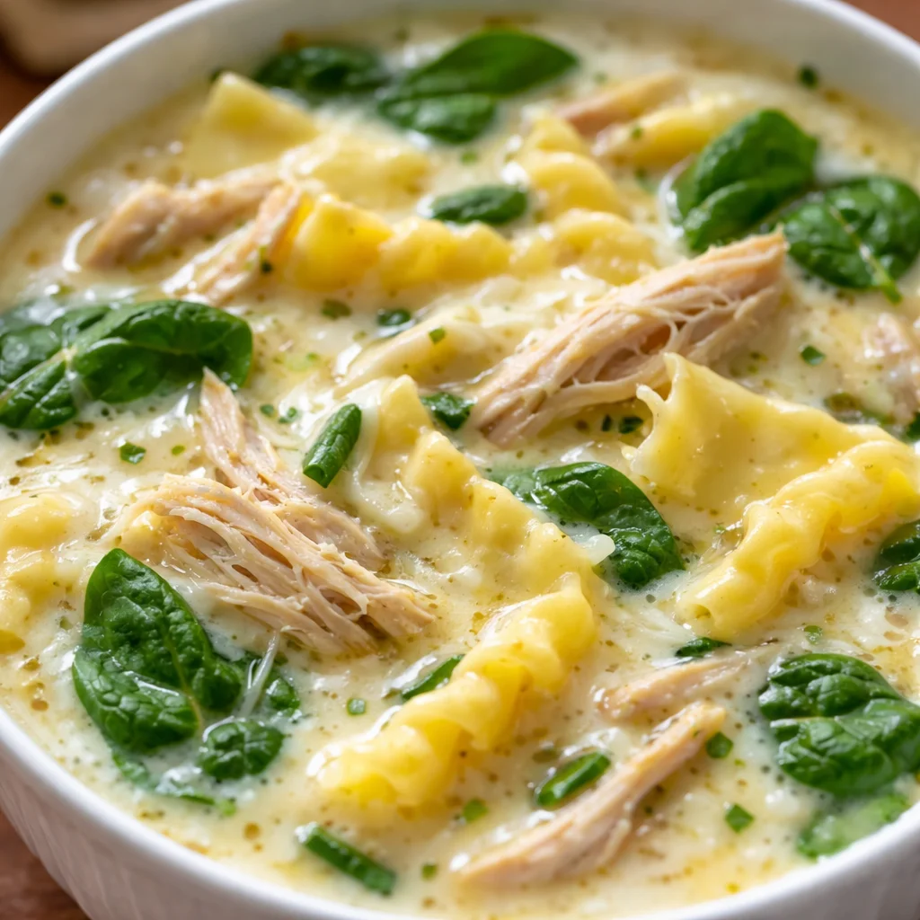 Bowl of creamy Crock Pot White Lasagna Soup with chicken and pasta