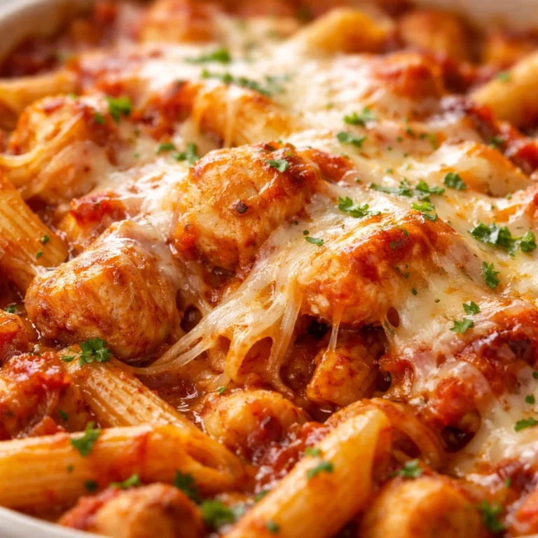 Delicious Dump-and-Bake Chicken Parmesan Casserole with pasta and marinara sauce.