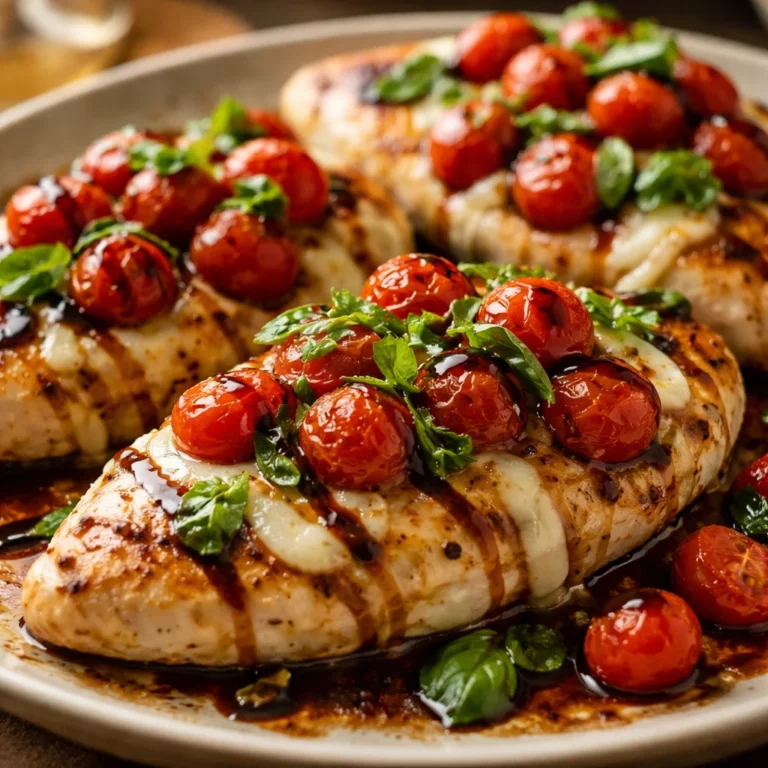 Easy baked caprese chicken with mozzarella and tomatoes on a baking sheet.